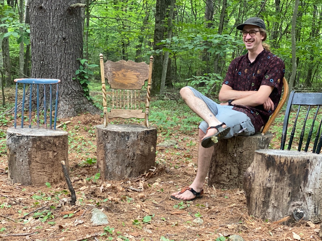 Four temporary chairs were installed in Beals Preserve as part of the 2021 Art on the Trails. The theme of the show was \'Mending\'.