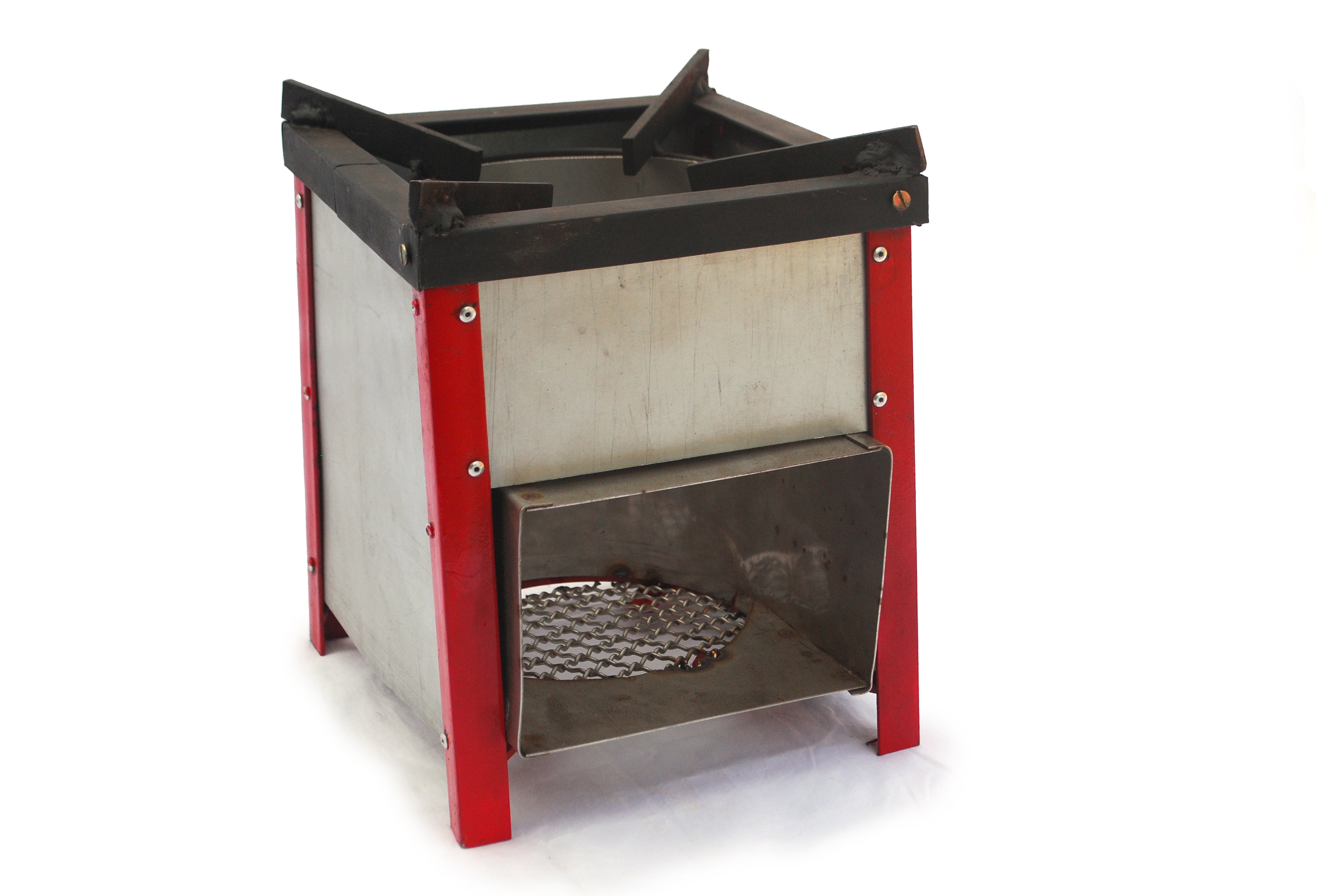 Pictured above is one of many rapid prototypes tested during the development of our Multi Fuel stove. This unit can cleanly and efficiently burn wood, cow dung or agricultural waste.