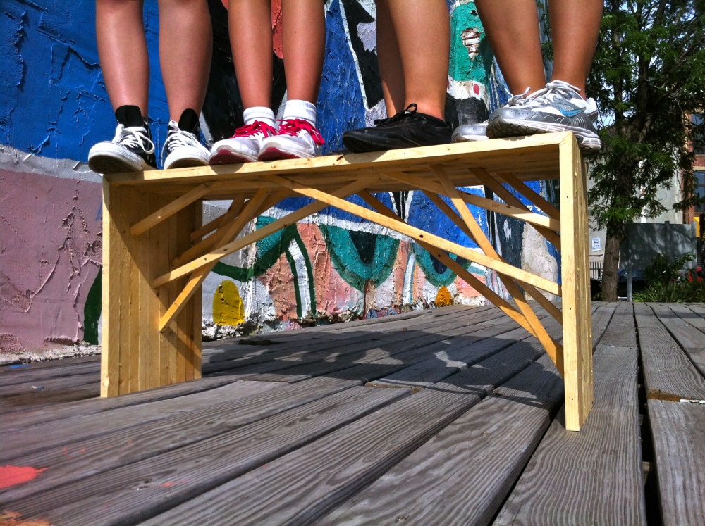 Even the very first prototype bench could hold the weight of four of the team members. 