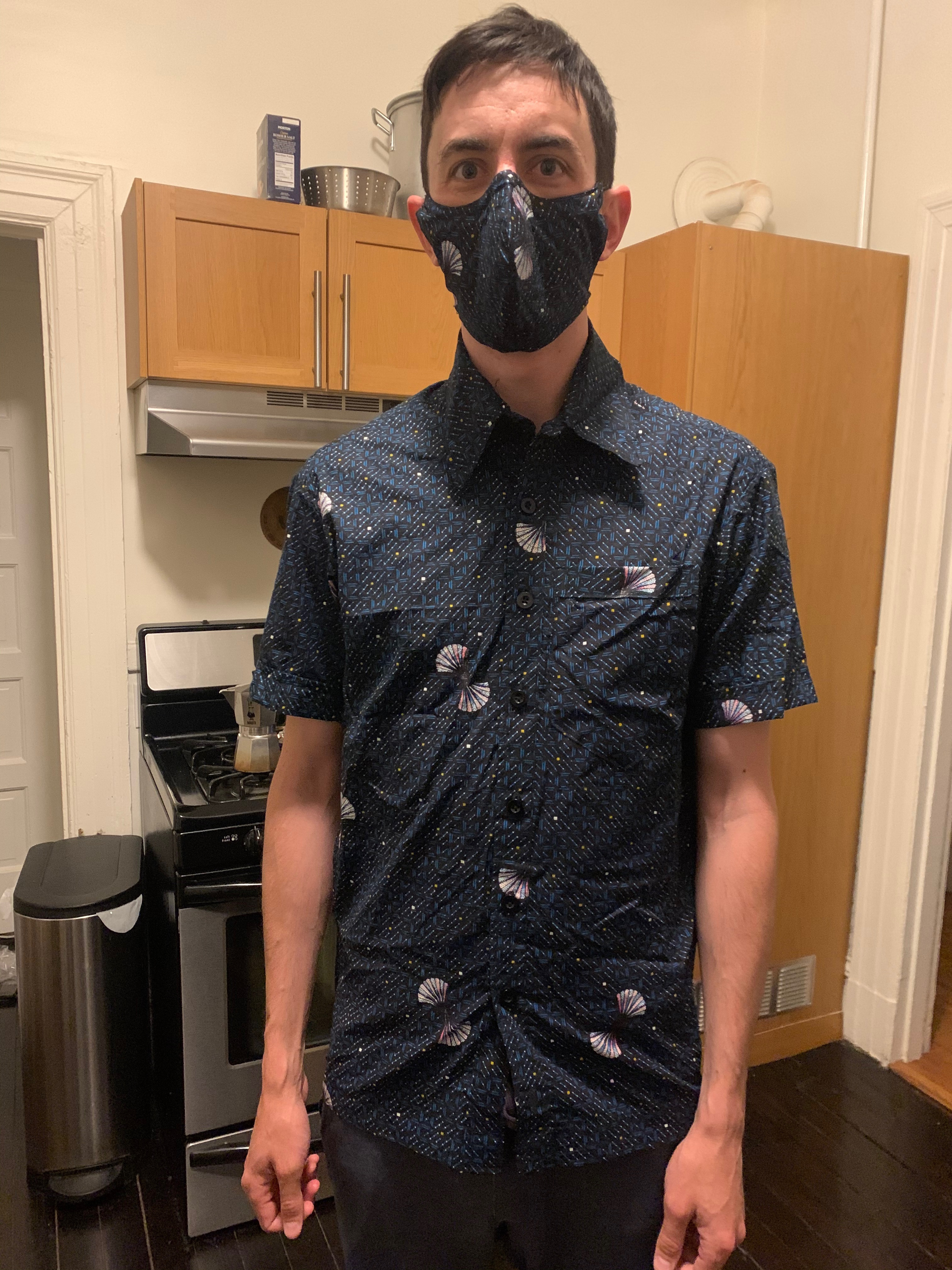 Lucky for my brother, Alex, we are the same size, so I didn\'t have to change the pattern at all in order to make a shirt that fits him. Someone should probably buy this boy an iron though. 