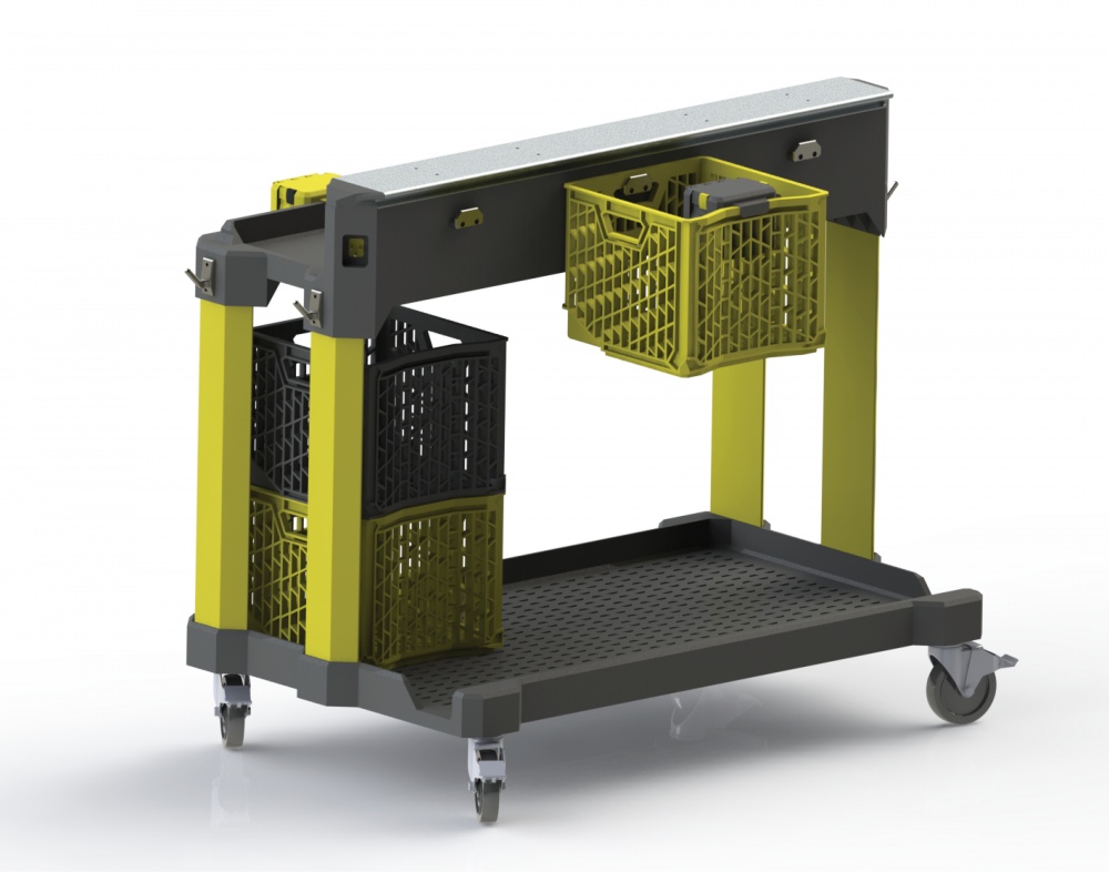The system consists of a rolling cart, a crate with more comfortable handles, and a fasteners cup with hinged lid.
