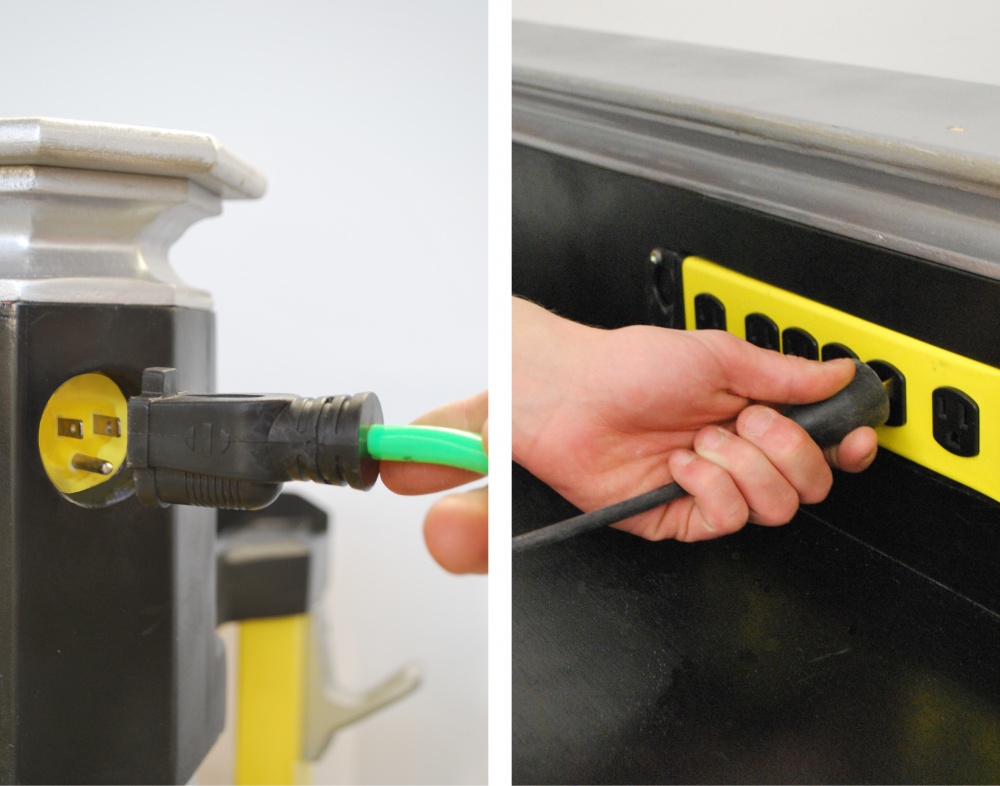 An integrated power strip accepts any length extension cord.